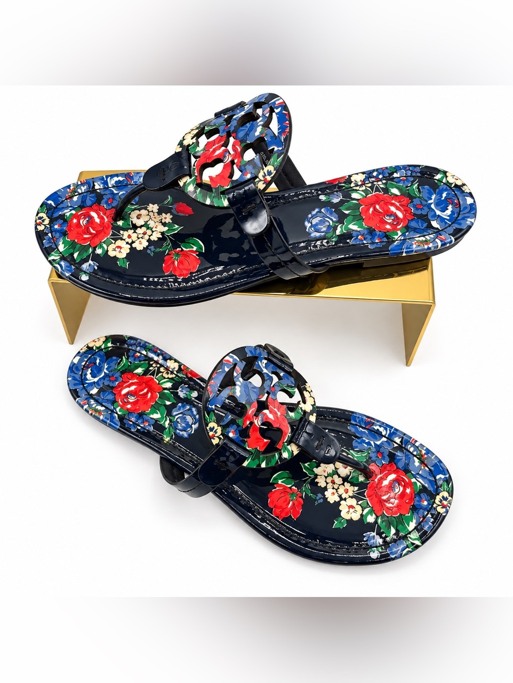 Tory Burch Tea Tose Miller Patent Leather Thong Sandals Navy Multicolor Size 8